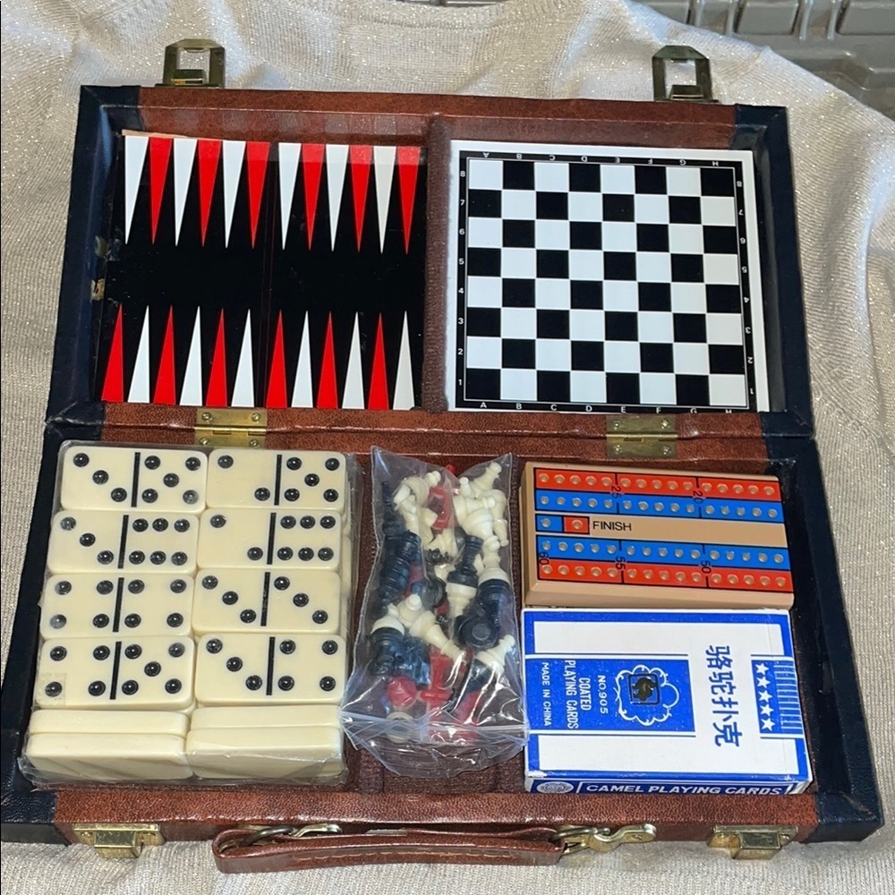 Black and White Board Game Set with Chess Checkers and Backgammon